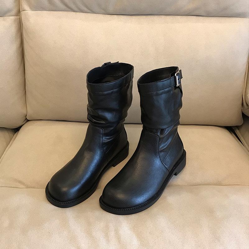 Super Fire! Korean Small Short Boots Women's 2025 New Spring and Autumn Single Boots Brown Round Head Fashion Pleated Medium Tube Martin Boots