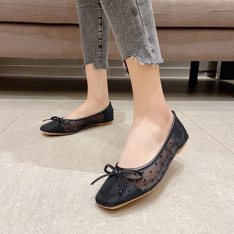 Fashion Flat Shoes for Women Spring Summer Polka Dots Bowknot, Mesh, Breathable Flat Sole Single Shoes for Women Square Toe Boat Shoes