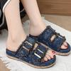 Fashion Fashion Double Buckle Denim Slippers Women New Comfort Thick Bottom Sandal Woman Summer Stylish Med Heel Platform Slides Mujer
