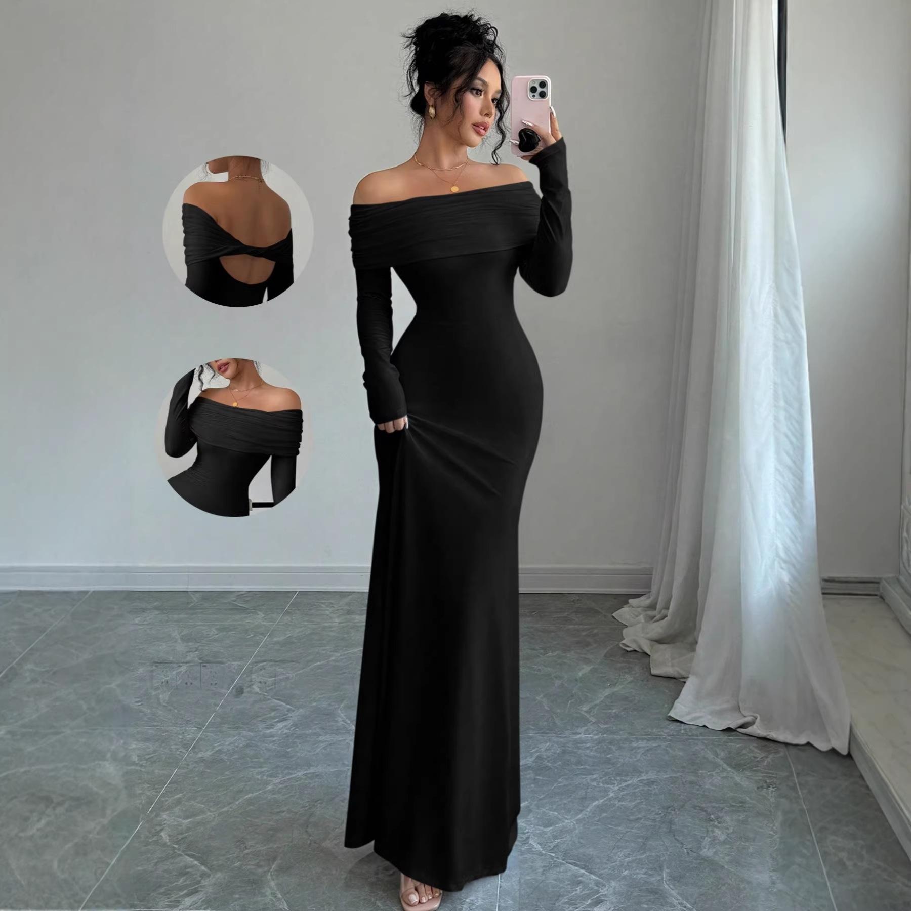 2026 Women s Clothing One Word Off Shoulder Shrinkle Tight Body Fashion Elegant Hip Wrap Long Evening Dress Dress Fashion Temperament XS белый