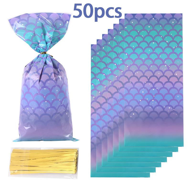 50pcs/set-Mermaid Party Candy Gift Bags Biscuit Packing Bag Mermaid Tail Gift Bag for Guest Girl Birthday Supplies Baby Shower