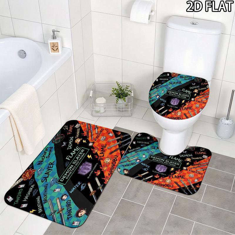 Demon Slayer Art 3Pcs Flannel Toilet Mat Set Bathroom Rug Bath Carpet Non Slip Home Decor Toilet 3 Pcs Bathroom Textile Set