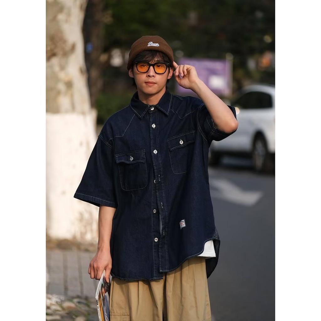 Japonská retro módní značka Letní volná džínová košile s krátkým rukávem Umělecká košile pro mladé Pracovní oděv Pánská a dámská vrstvená bunda