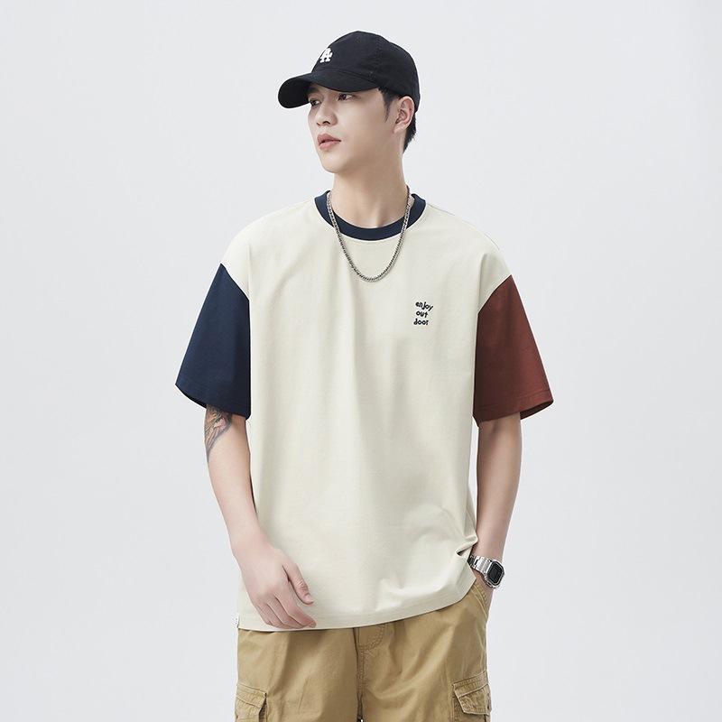 New Summer Contrast Letter Embroidered Loose T-shirt for Men Heavy Pure Cotton Japanese