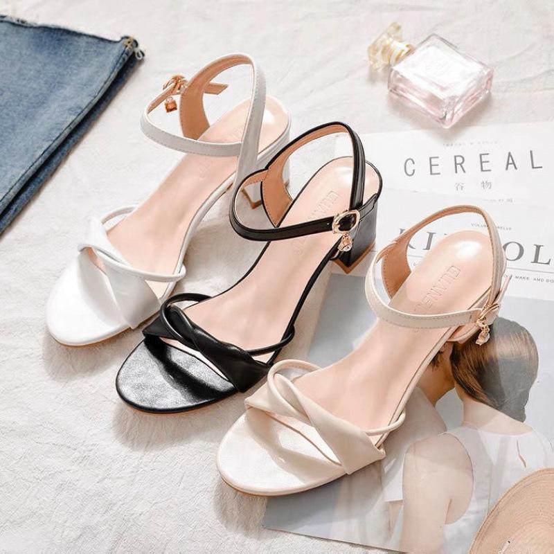 Women's sandals leather 2025 new thin heel French open-toed low-heeled fashion trendy summer comfortable simple women's shoes