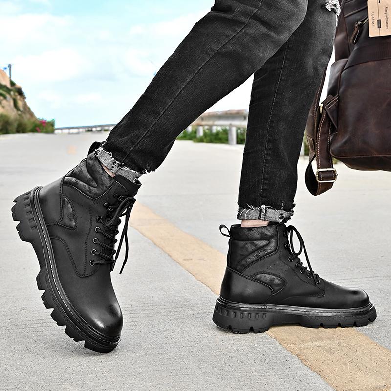 Męskie Botki Skórzane Sznurowane Botki Jesienne do Kostki Buty Męskie Platforma Antypoślizgowe Outdoorowe Buty Robocze Buty Motocyklowe