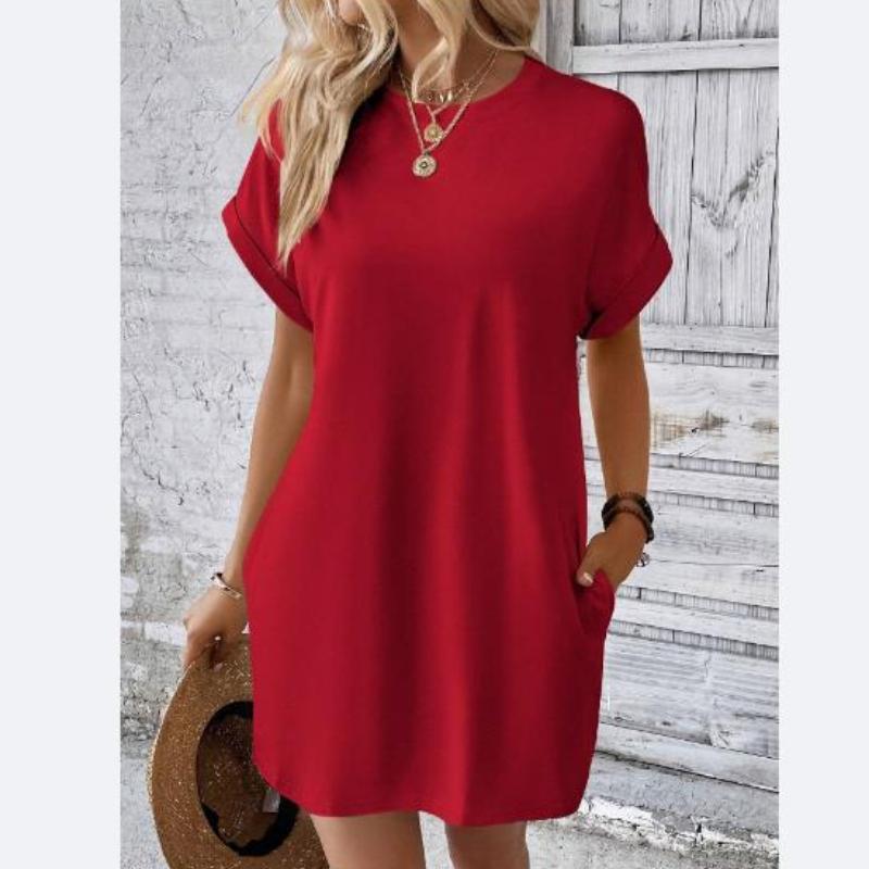 

Модное однотонное платье Женское платье-мини в стиле футболки с карманом Летнее повседневное свободное платье Vestidos L красный