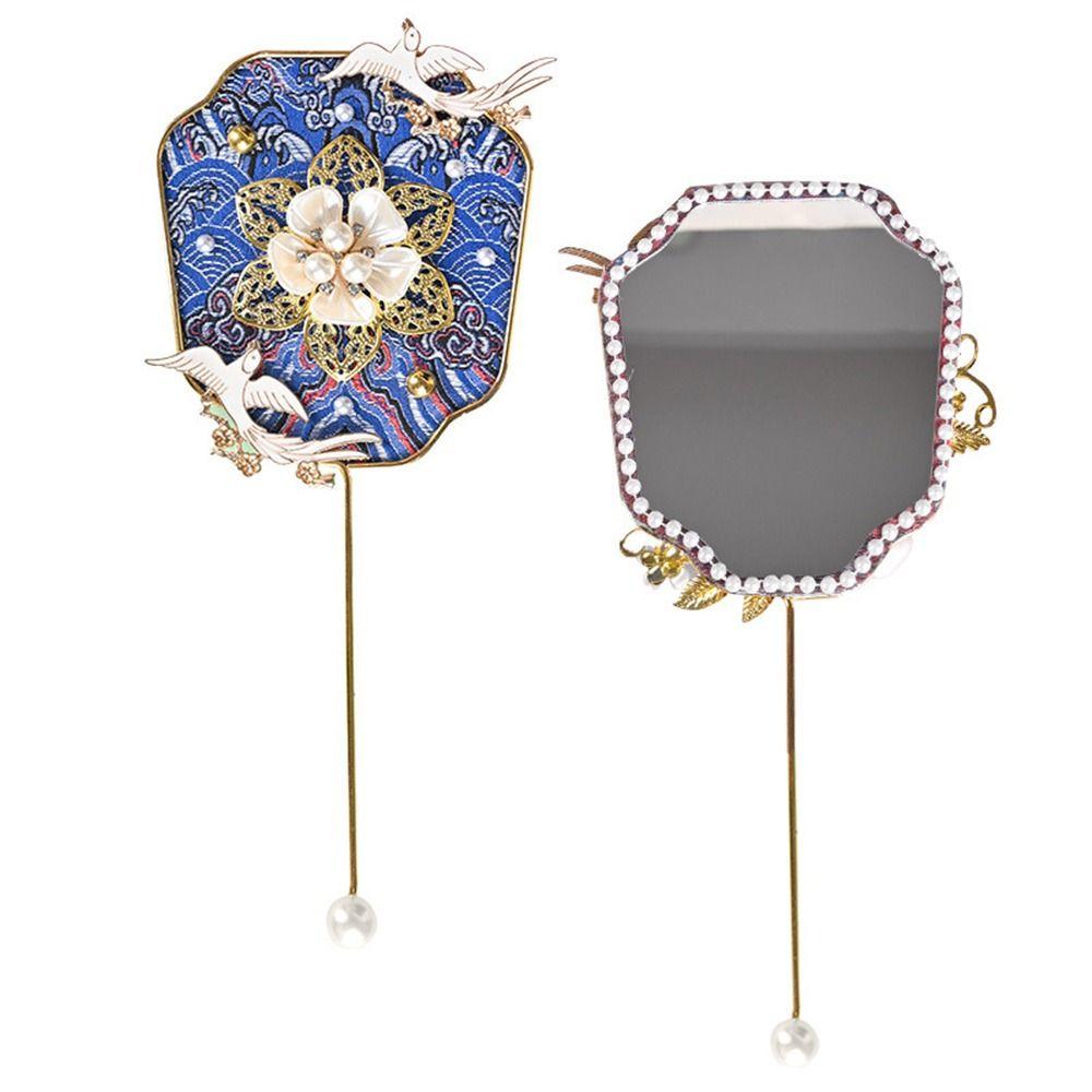 Multicolor DIY Chinese Fan Song Brocade DIY Accessories Mini Handhold Fan Photo Props with Mini Mirror Hand Made Makeup Mirror
