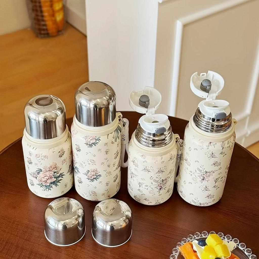 Cute Floral Stainless Steel Insulated Water Bottle with Leak-Proof Lid and Cup for Outdoor Travel