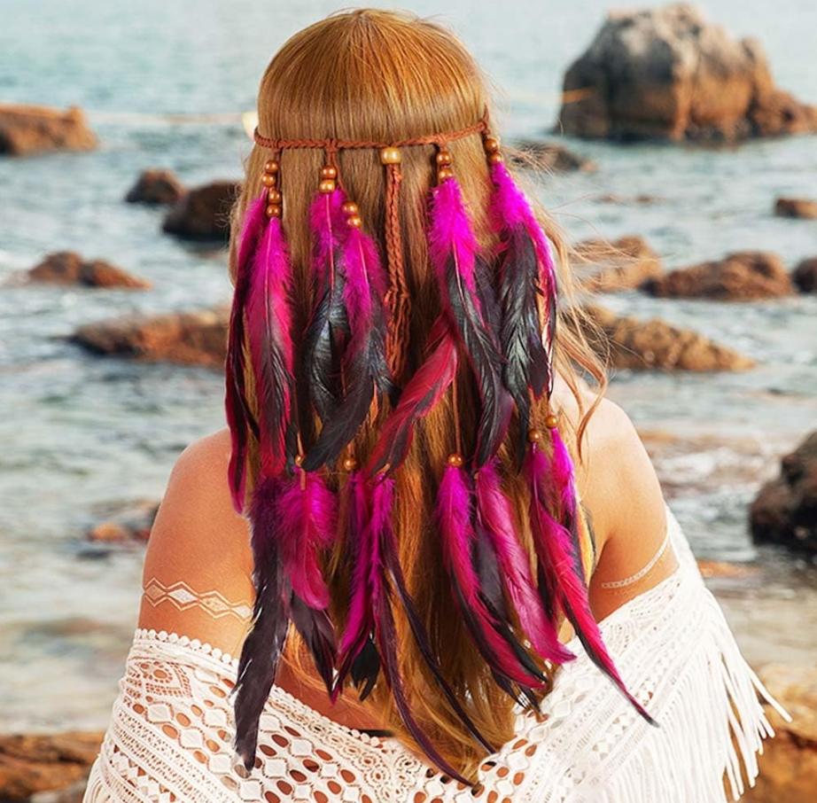 Boho Veer Hoofdband Hippie Hoofdband Zigeuner Veer Hoofddeksel Indiaas Kostuum Hoofddeksel Haaraccessoire voor Vrouwen black