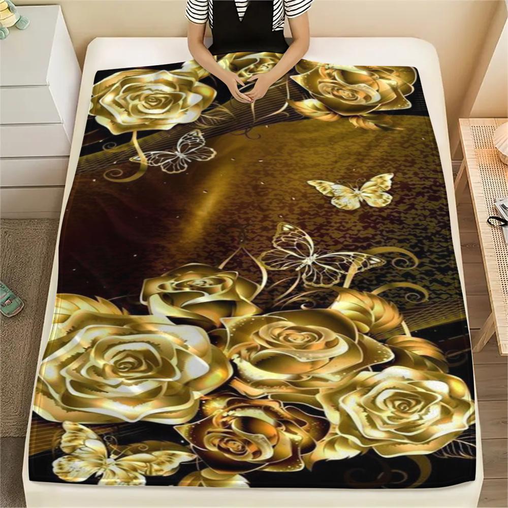 1Pc Golden Flower Print Flannel Blanket, High Quality Comfortable for All Seasons, Home Decor, Warmth and Comfort, Perfect for Gifts