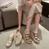 New Summer 2025 One-Shoulder Riveted High-Heeled Woven Straw Woven Wedge Heel Thick-Soled Open-Toe Flip-Flops For Women