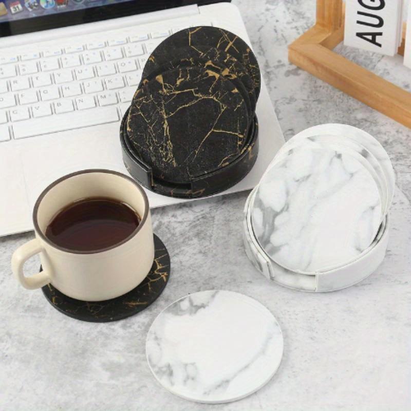 6pcs Marble Coaster Artificial Leather 10cm Oil and Water Resistant Heat Resistant with Base Double Sided Leather Coffee Coasters