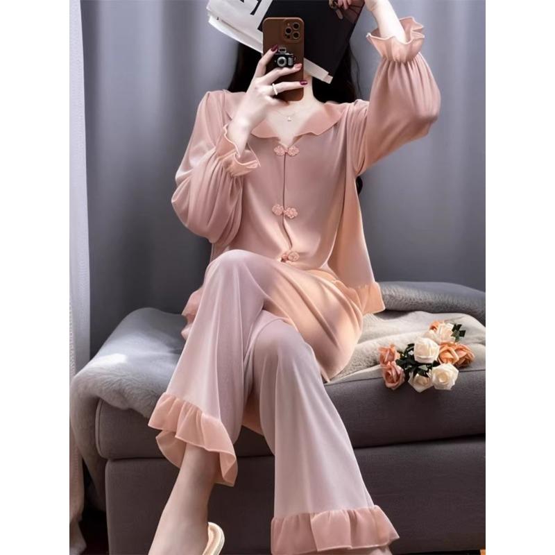 Women Spring Autumn Small Lapel Lace Ruffled Pink Set of Home Wear Outside The New Style Sleepwear French Sweet Velvet Pajama