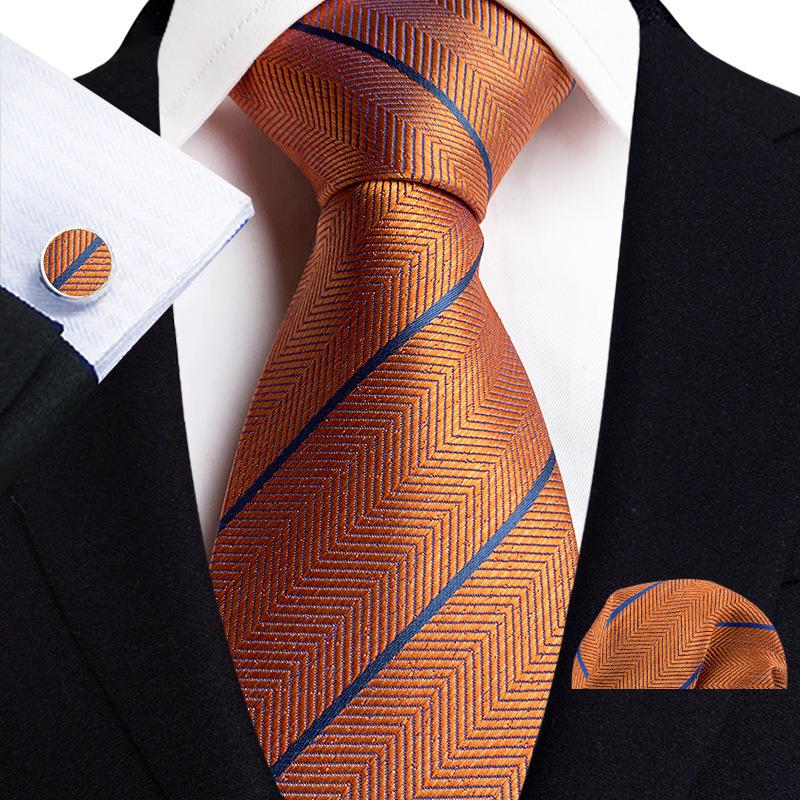 2025 Men's Retro Stripe Solid Tie, Pocket Square & Cufflinks Set