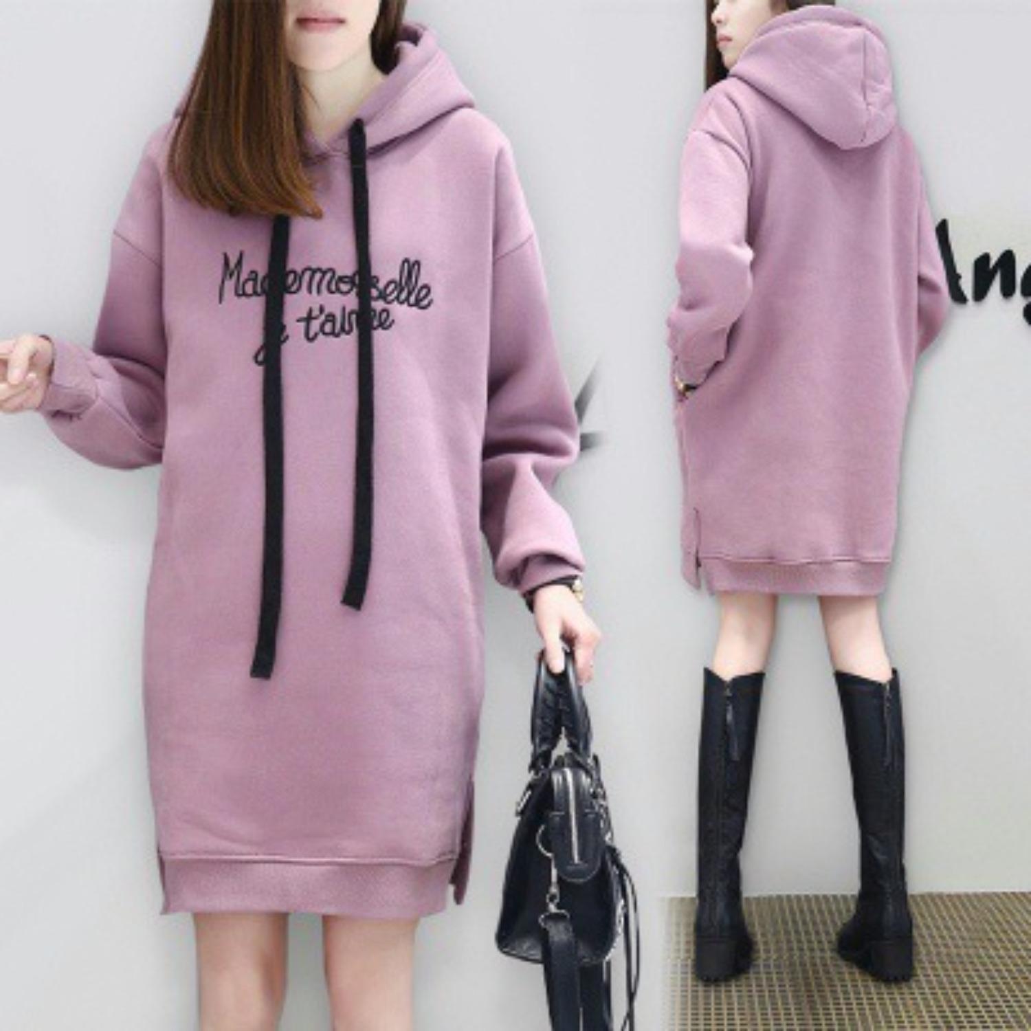 Women s Hooded Long Sleeve Loose Fit Sweatshirt Dress Casual Letter Embroidery M