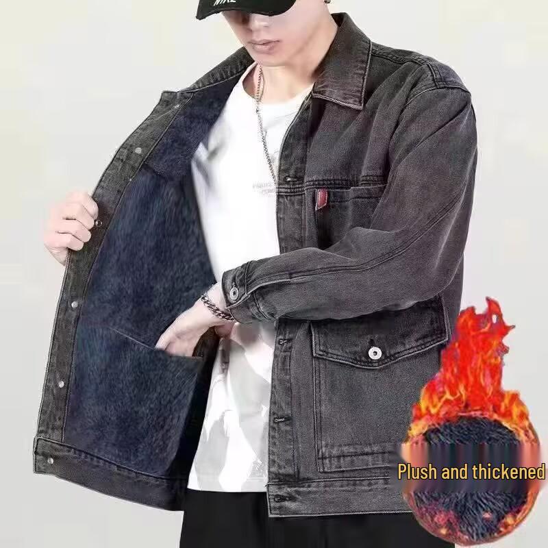 Men's Windproof Thick Velvet Denim Jacket - Winter Wear-Resistant and Loose Fit