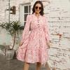 Autumn Winter Women Long Sleeve Print Elegant V-neck Casual A-Line Knee-Length High Waist Dress
