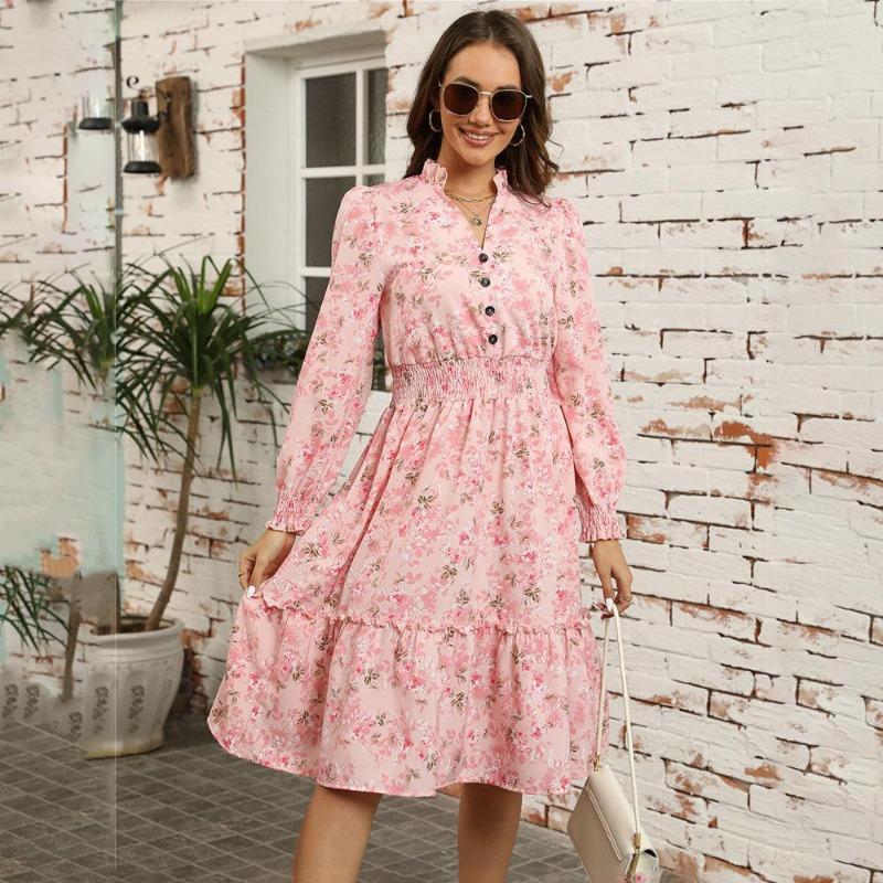 Autumn Winter Women Long Sleeve Print Elegant V-neck Casual A-Line Knee-Length High Waist Dress