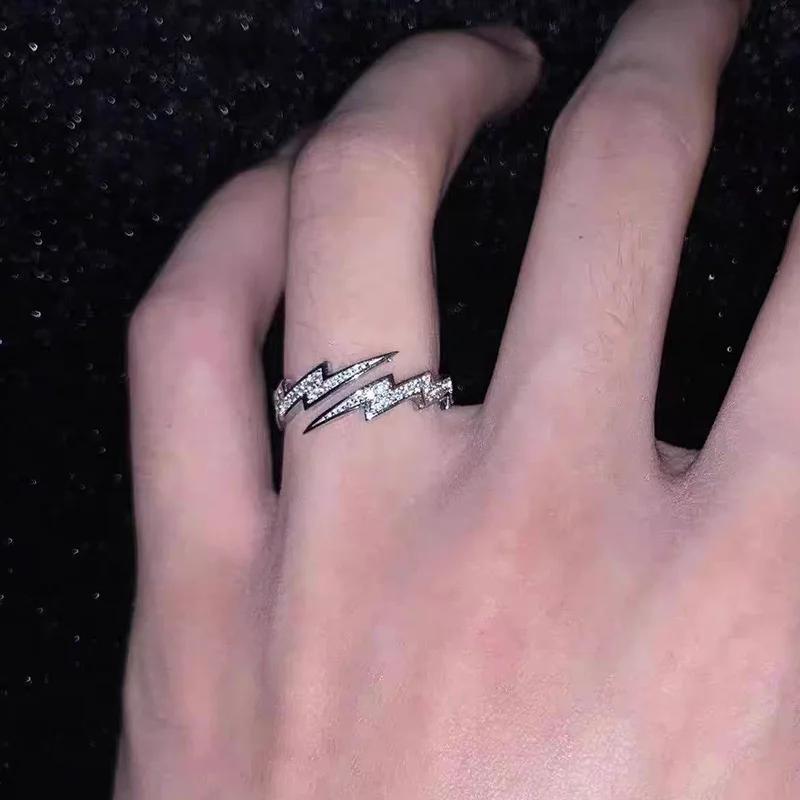 Punk Hip Hop Silver Color Zircon Lightning Open Rings for Men Fashion Jewelry Gift Creative Adjustable Ring
