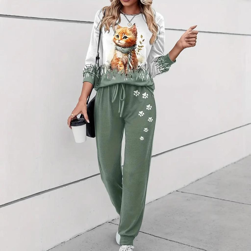 European and American New Casual Versatile Fashion Animal Pattern Long-sleeved Crew Neck Sweater Set ME1 + ML1