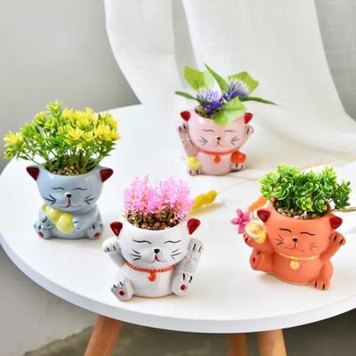 2025 New Creative Cartoon Wealth Cat Ceramic Flowerpot Cute Green Plant Potted Plant Painted Succulent Flowerpot