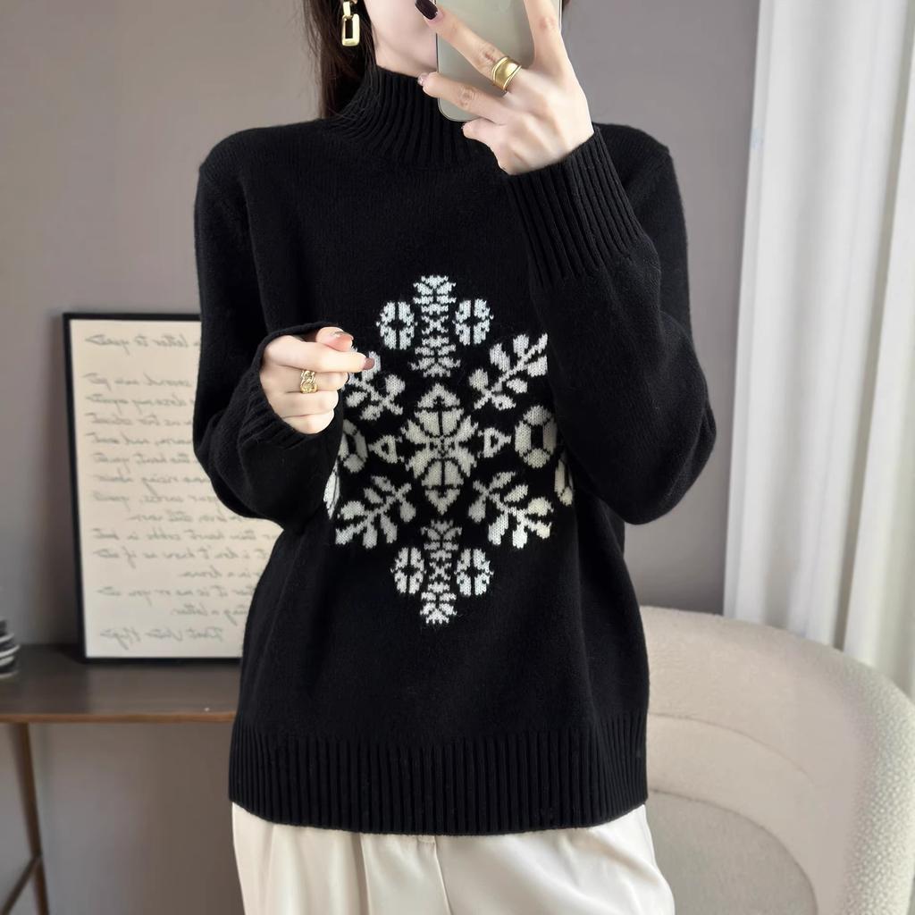 Autumn And Winter New Jacquard Knitted Sweater Turtleneck Retro Red Wool Sweater Edelweiss Design Bottoming Shirt