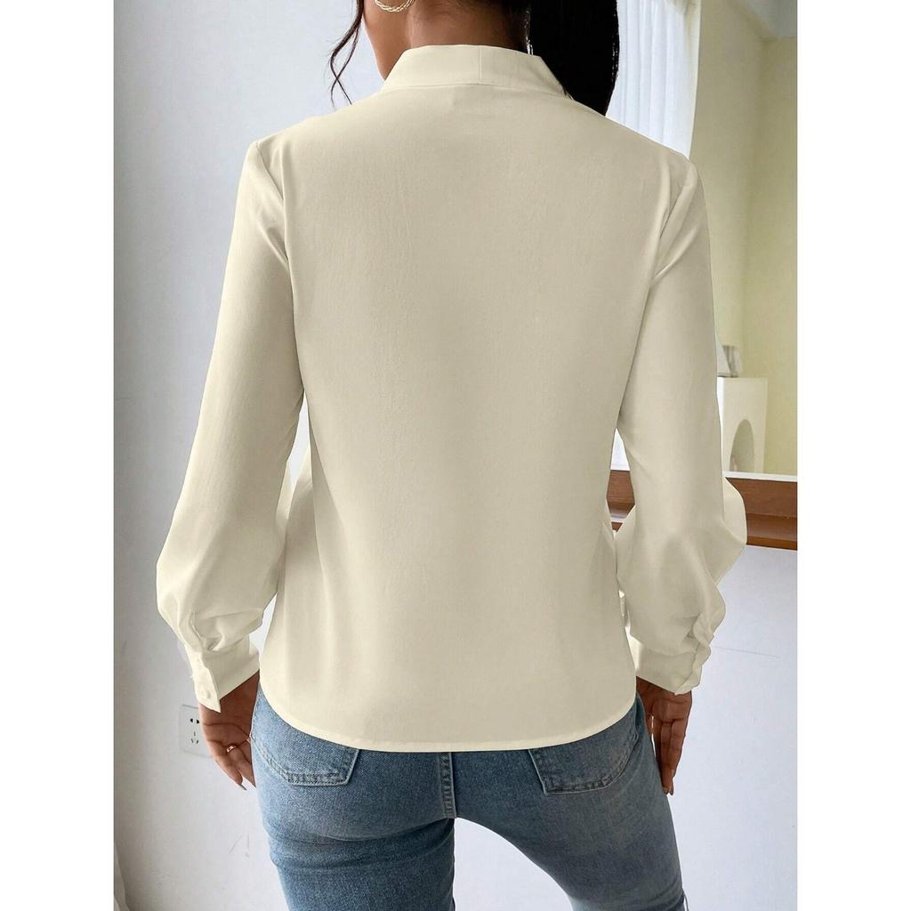 GMXIA Spring and Winter Long Sleeve Shirt Design Sense V-neck Solid Color Loose Top Autumn Shirt
