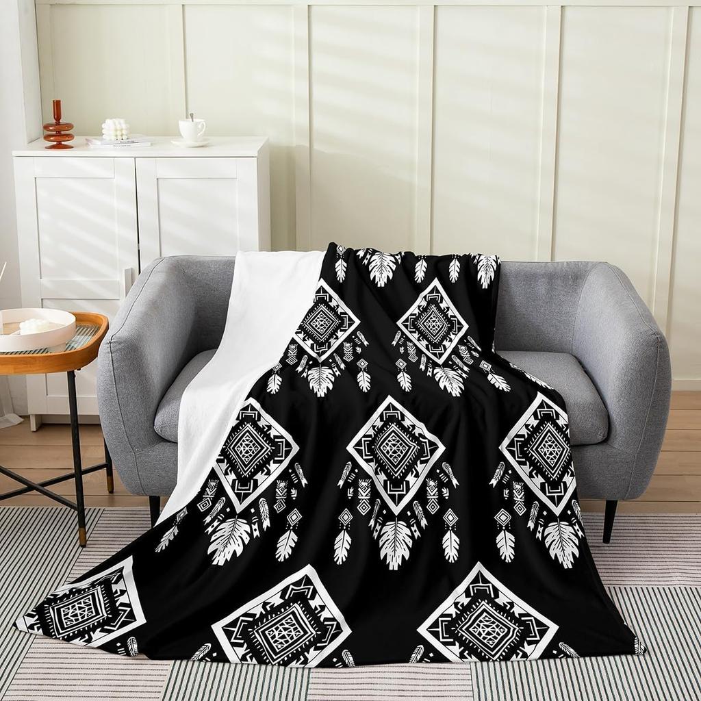 Aztec Pattern Blanket Tribal Design Fleece Throw Boho Home Decor Cozy Sofa Cover Geometric Print Bedding