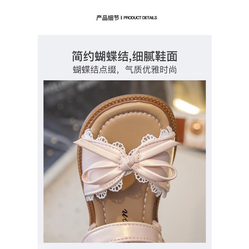 Girls Bow Lace Trim Sandals Velcro Strap Flat Sole Casual Summer Princess Shoes