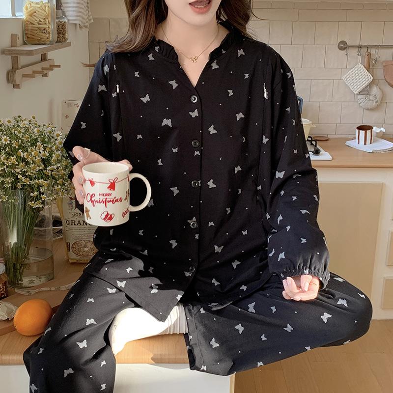 

Pure Cotton Maternity Pajamas for Pregnant and Nursing Women, Long Sleeve, Black, Slimming Plus Size, Perfect for Spring and Autumn. M - 90-115 jin