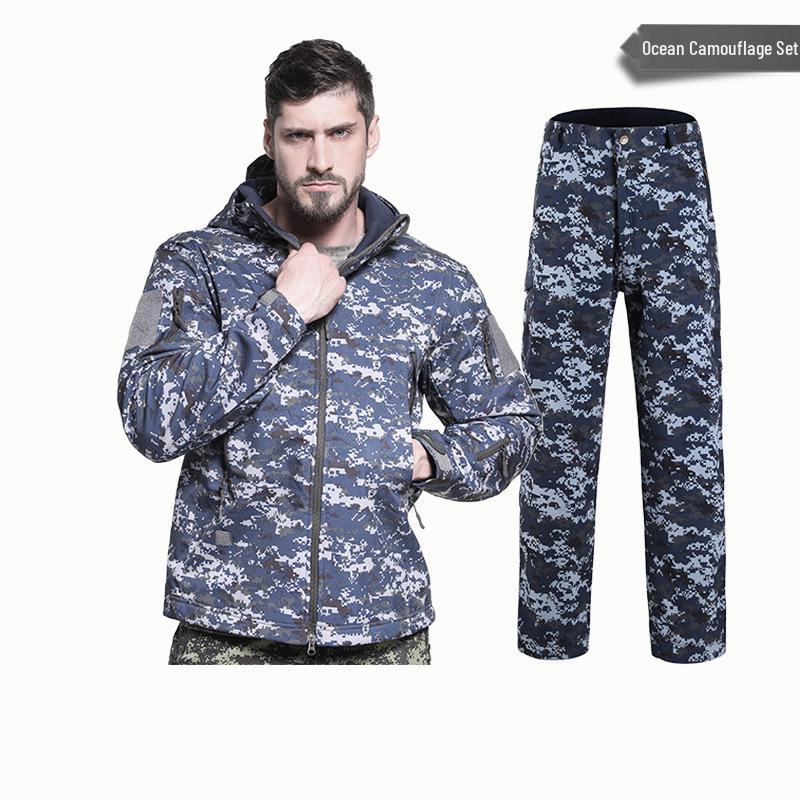 Alpha Green Tactical Sharkskin Waterproof Ski Suit: Camouflage Soft Shell Pants & Warm Fleece Set