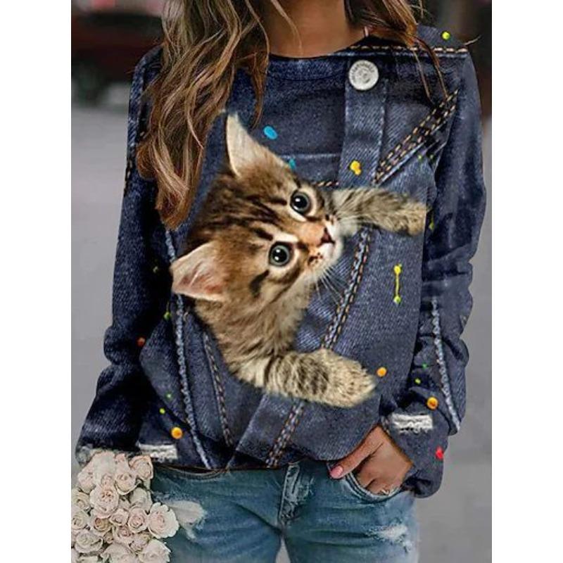 Round Neck 3D Cat Printed Top Casual Long Sleeved Women's T-shirts - Soft Medium Stretch Polyester Fabric Spring and Autumn Relaxed Fit Clothing