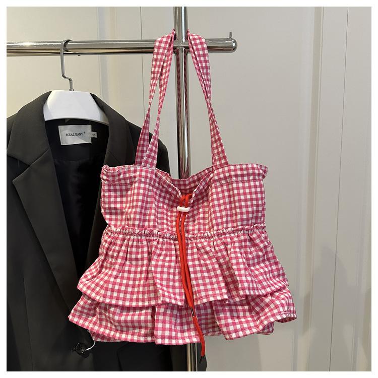 Women's Plaid Large Capacity Shoulder Bag Versatile Drawstring Simple Tote Bags Splicing Commuting Shopping Casual Underarm Bag