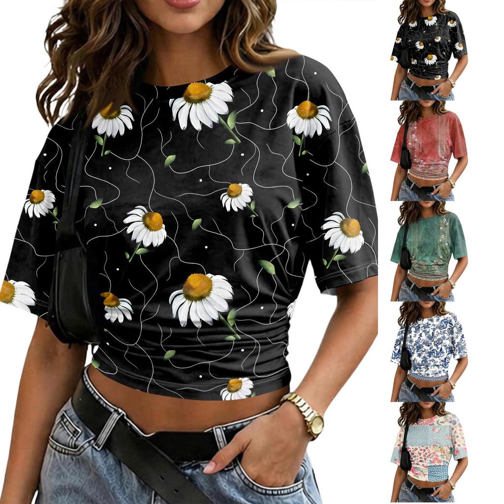 Women Round Neck Pullover Floral Print Short Sleeve T Shirt Loose Fit Casual Top Lightweight Breathable Fabric