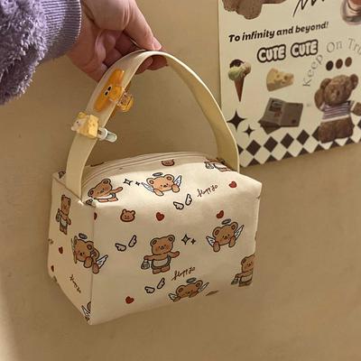 Cute Butter Bear Print Handheld Cosmetic Bag Large Capacity Travel Portable Sundries Storage Bag  Girly Makeup Bags Gifts