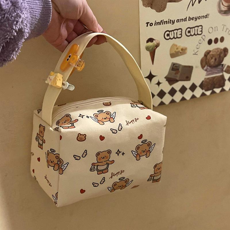 Cute Butter Bear Print Handheld Cosmetic Bag Large Capacity Travel Portable Sundries Storage Bag  Girly Makeup Bags Gifts