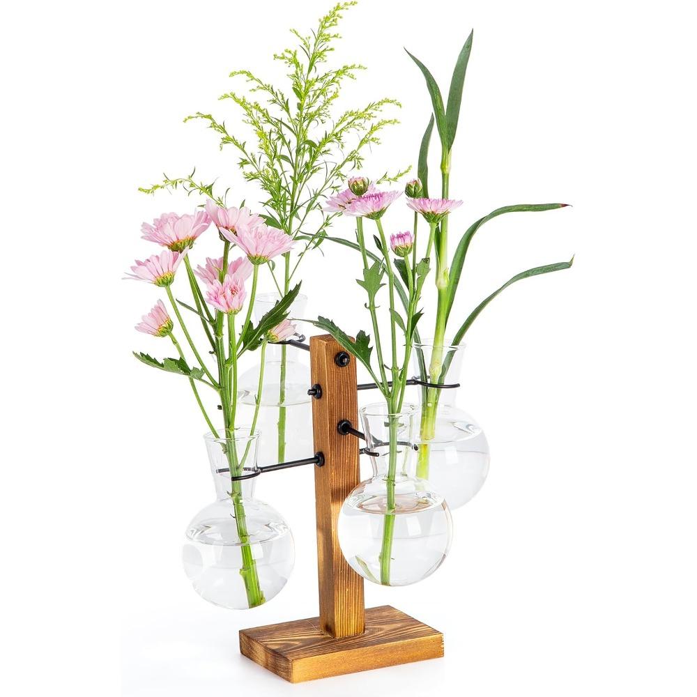

4pcs Bulb Glass Vases Plant Propagation Station with Wood Stand Propagation Vases for Plants Terrarium Kit for Home Office Garden Decor 1set