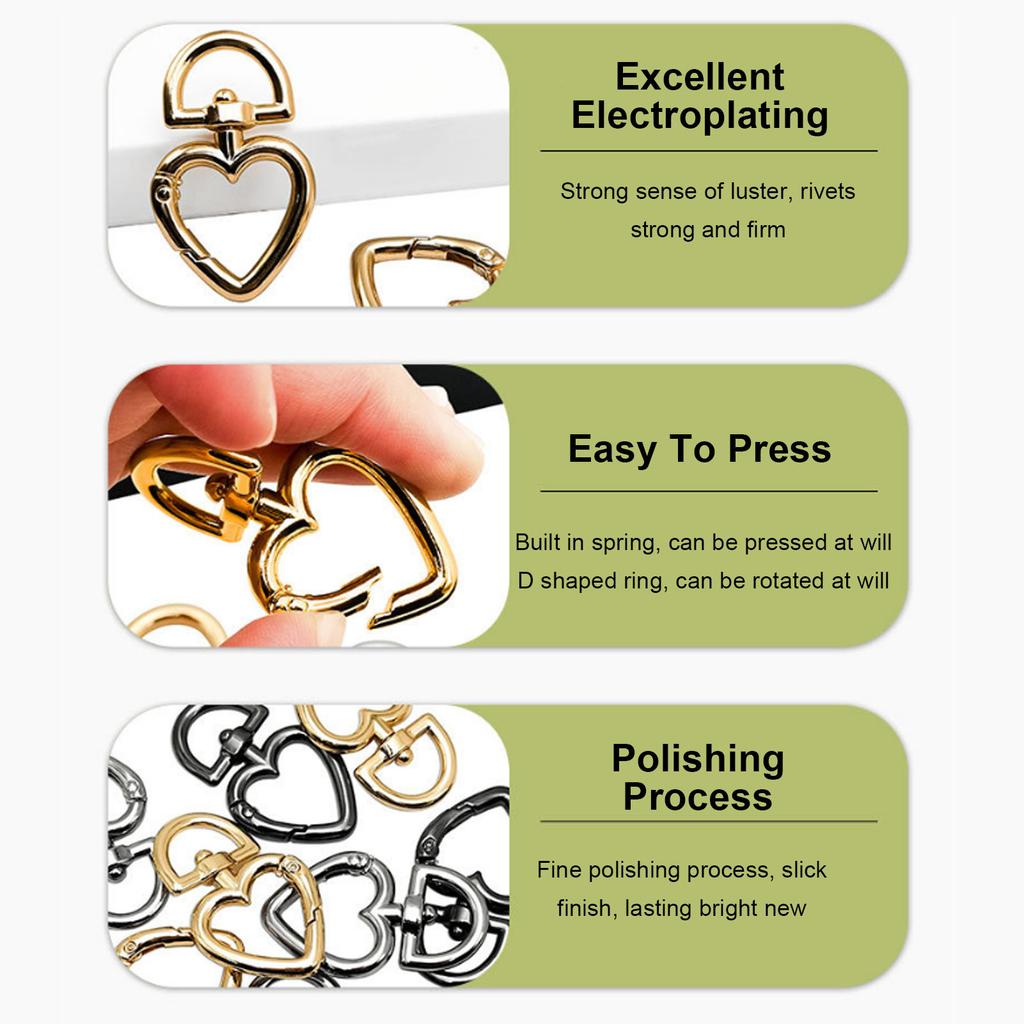 12PCS Heart Shape Swivel Buckles Zinc Alloy 360° Rotation Multifunctional Trigger Spring Keyring Buckle for Handbag Gold