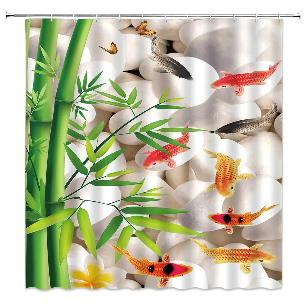Panda Bamboo Shower Curtain, Cartoon Funny Cute Blue Sky Rainbow Kids Bamboo Forest Animals Birds, Bathroom Decorative Fabrics