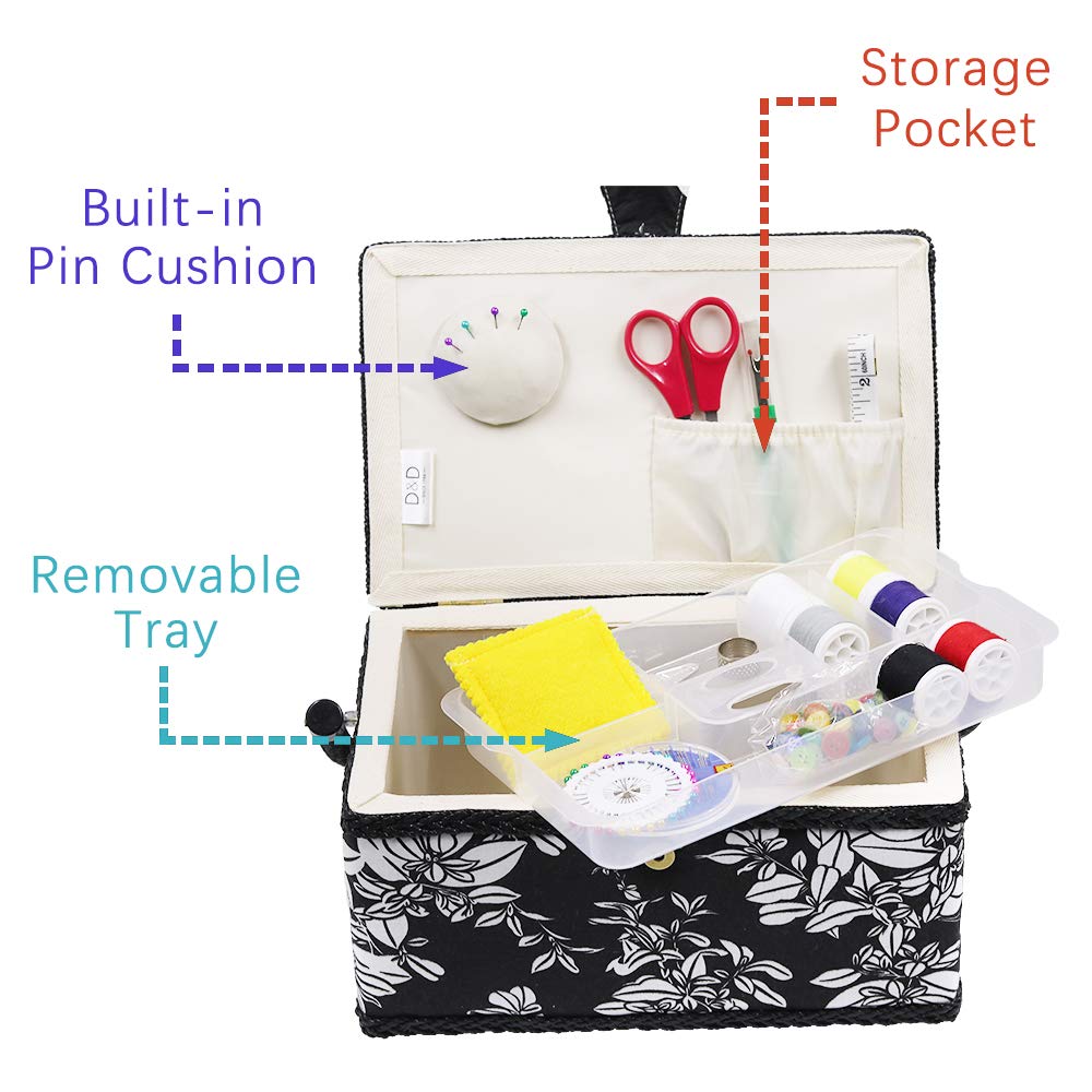 Classic Sewing Black and White Classic Floral Fabric Wooden Craft Storage Sewing Home Year D&D Box, Pattern, Box, Basket, Christmas/New Gift,
