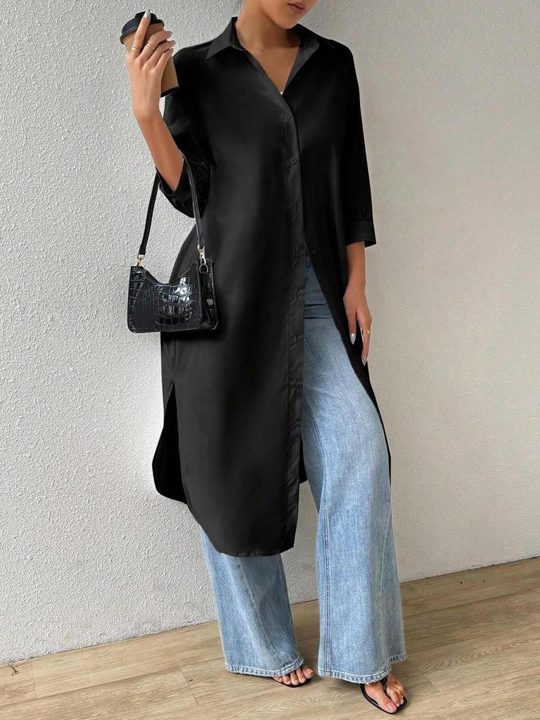 Women's Mid-Sleeve Solid Color Cardigan Shirt Dress