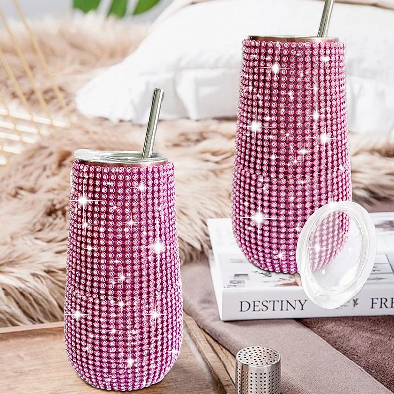 6oz Glänzender Diamant-Becher Bling Strass-Weinglas mit Strohhalm Edelstahl Isoliert Vakuum Champagnerbecher Tasse Eiform