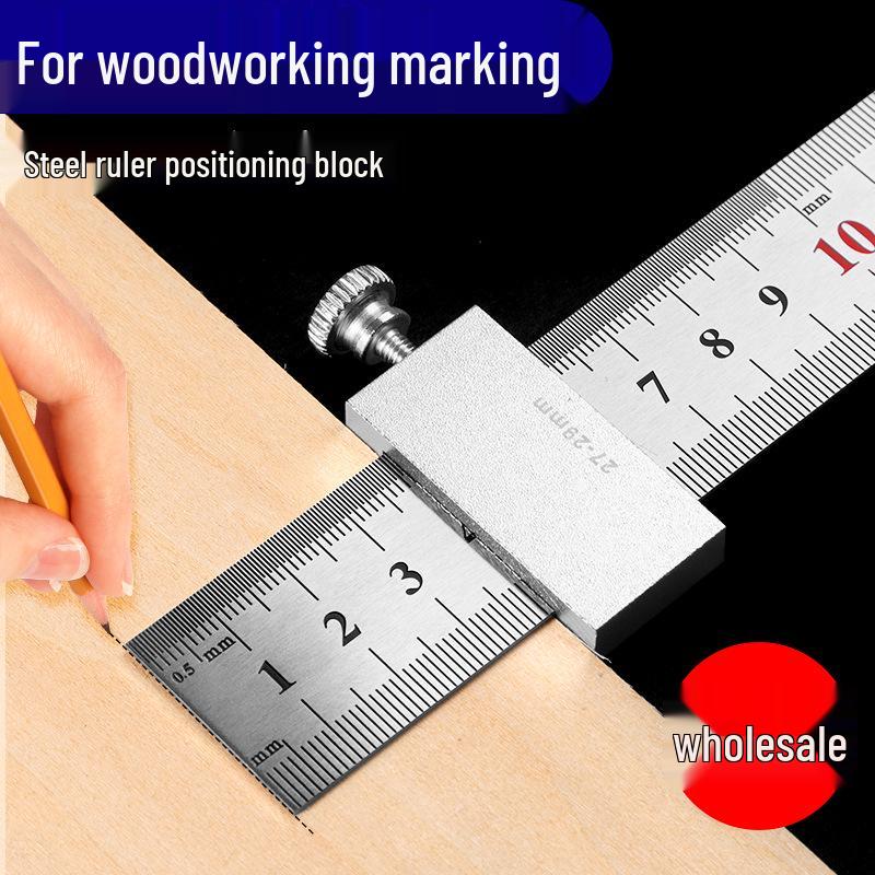 Exclusive Stainless Steel Straight Ruler with Positioning Block and Scribing Limiter - 15/20/30/40cm for Woodworking
