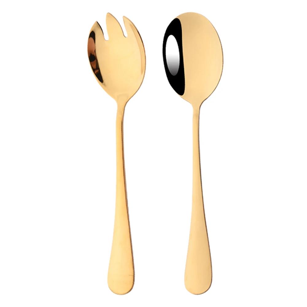 2Pcs Salad Spoon Dinnerware Set Gold Unique Spoon Cutlery Set Salad Fork Stainless Steel Tableware Party Serving Spoon Flatware