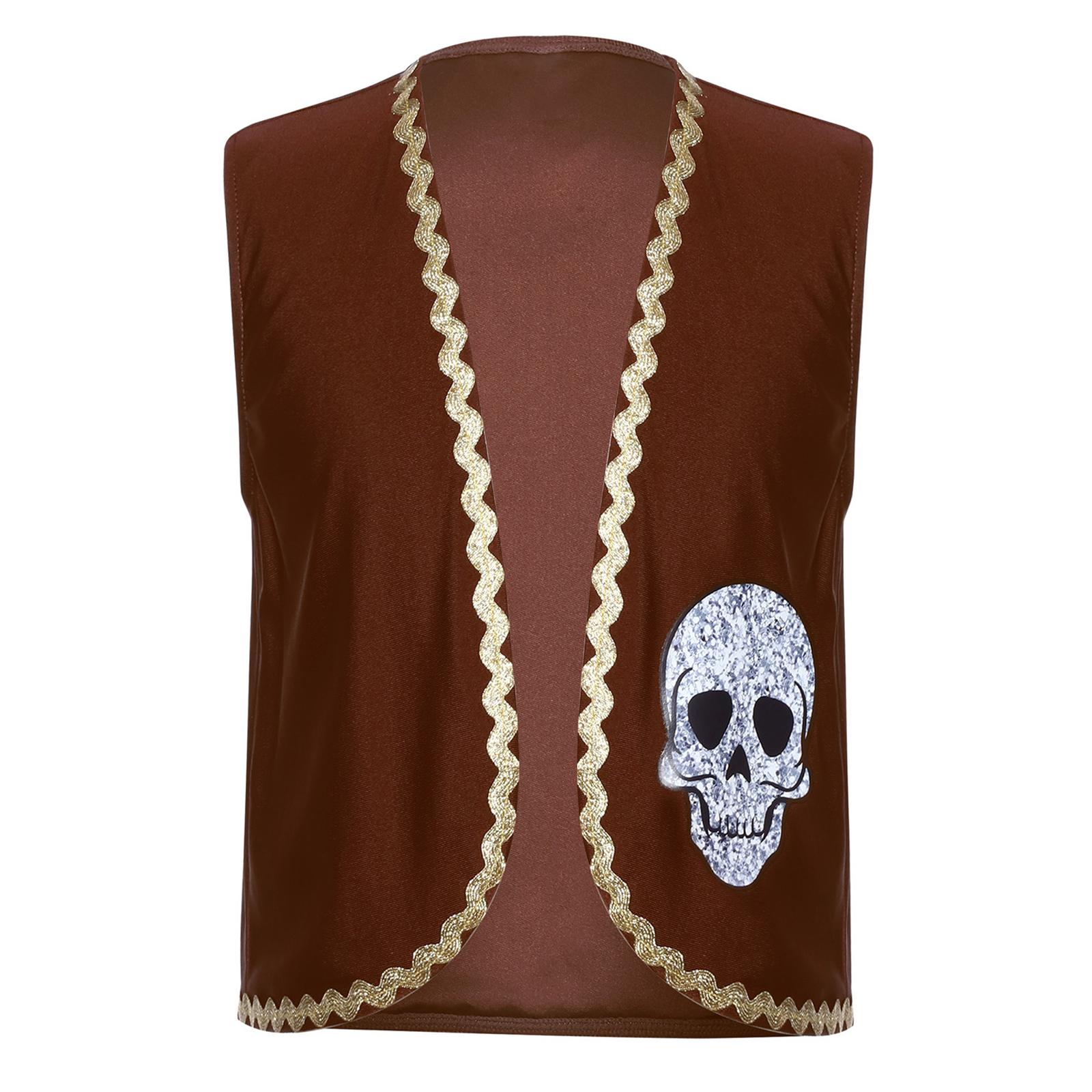 

Unisex Kids Pirate Vest Open Front Skull Bones Print Golden Wavy Webbing Halloween Role Play Costume