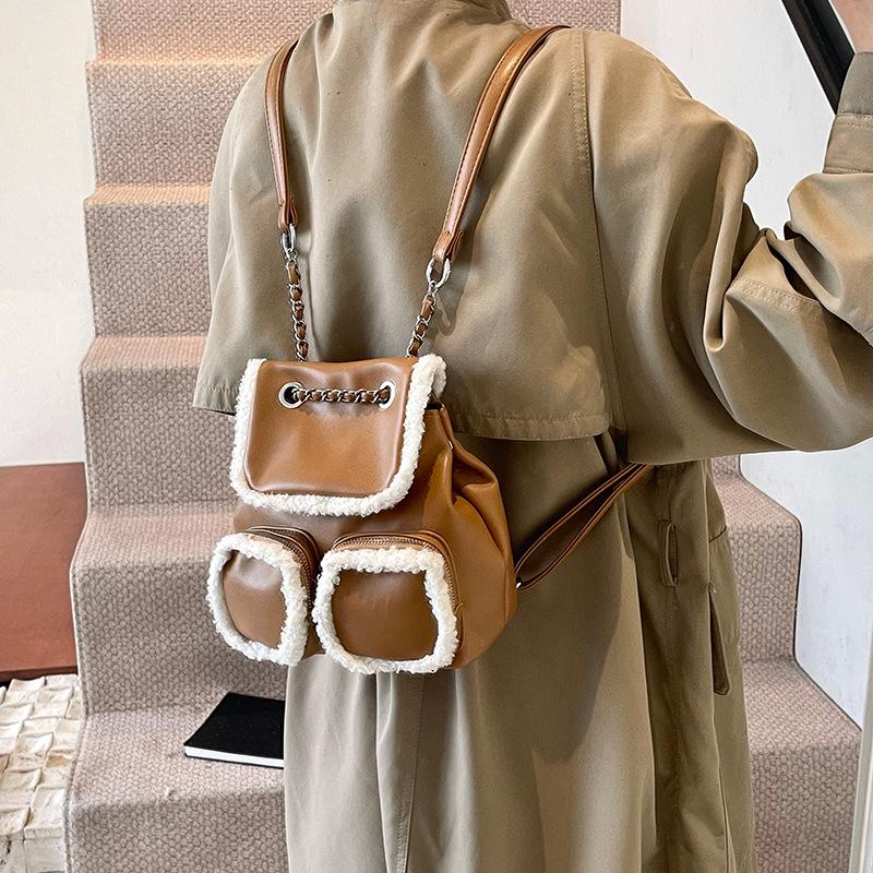 College Style Plush Soft Leather Backpack Women'S Fluffy Hand Bag Trendy High-End Retro Shoulder Backpack