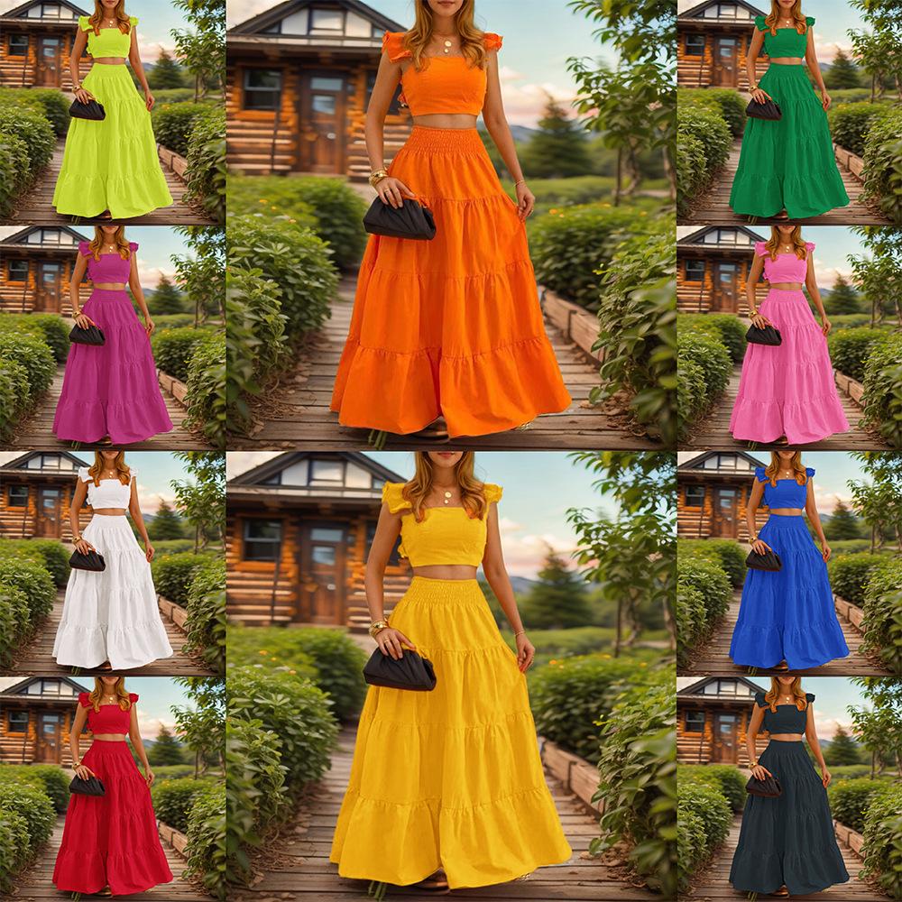 2025 Summer European & American Cross-Back Mid-Waist Solid Color Spaghetti Strap Swing Dress Set