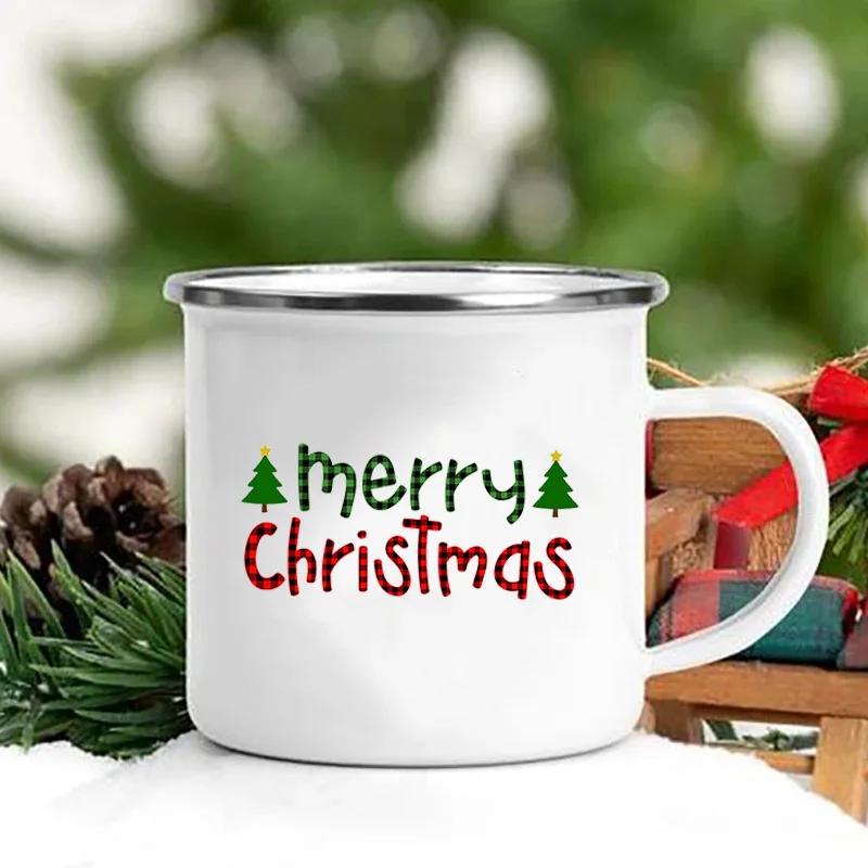 Merry Christmas Print Creative Enamel Coffee Tea Wine Drink Mug Dessert Hot Cocoa Milk Cup Cake Mugs Handle Drinkware Xmas Gifts