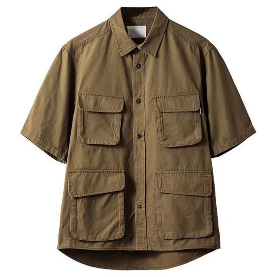 Men Summer Shirt Solid Color Multiple Pockets Lapel Single-breasted Cardigan Keep Trendy Casual Breathable Men Shirt for Work